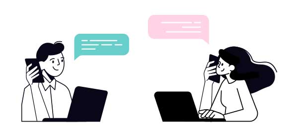 ノートパソコンを前に携帯電話で話しながら仕事をする２人のイラスト