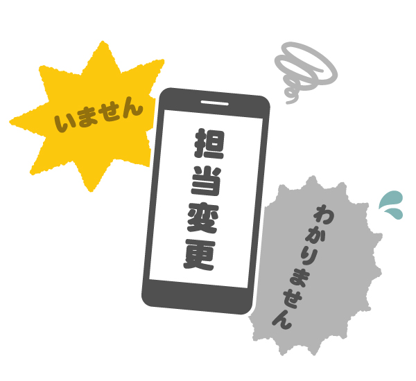 電話で仕事を依頼しようと思ったら、担当者がいなくて困ったことがわかるイラスト